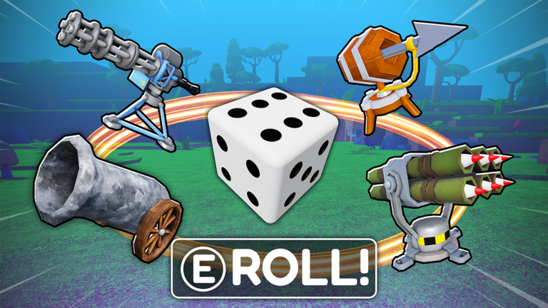 Official Build a Base RNG promotional image showing a dice roll surrounded by placeable defenses